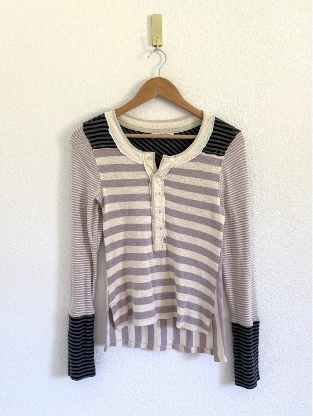Free People Women's Size XS Give Me Stripes Henley Top Lavender Slouchy